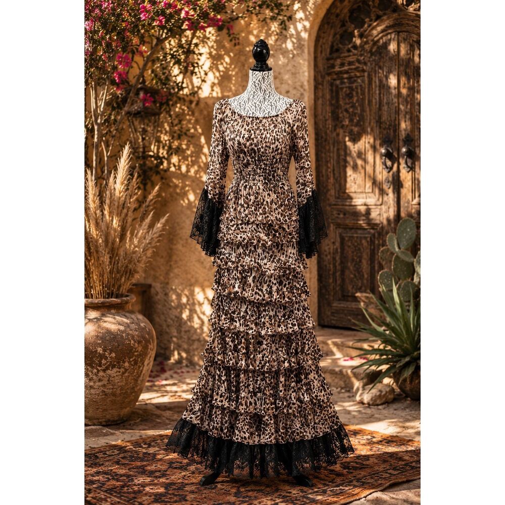 Marrika Nakk 100% Silk Leopard Western Couture 2 Pc Maxi Set Size S